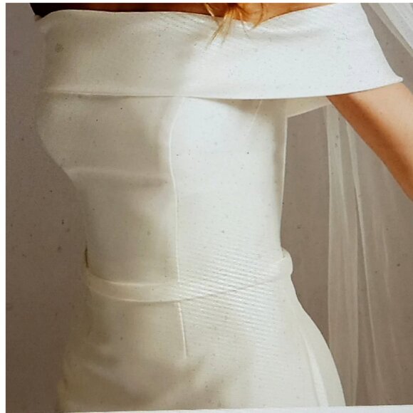 Off-the-Shoulder Mikado Trumpet Wedding Dress (size 8) by David's Bridal Collect - Picture 9 of 10